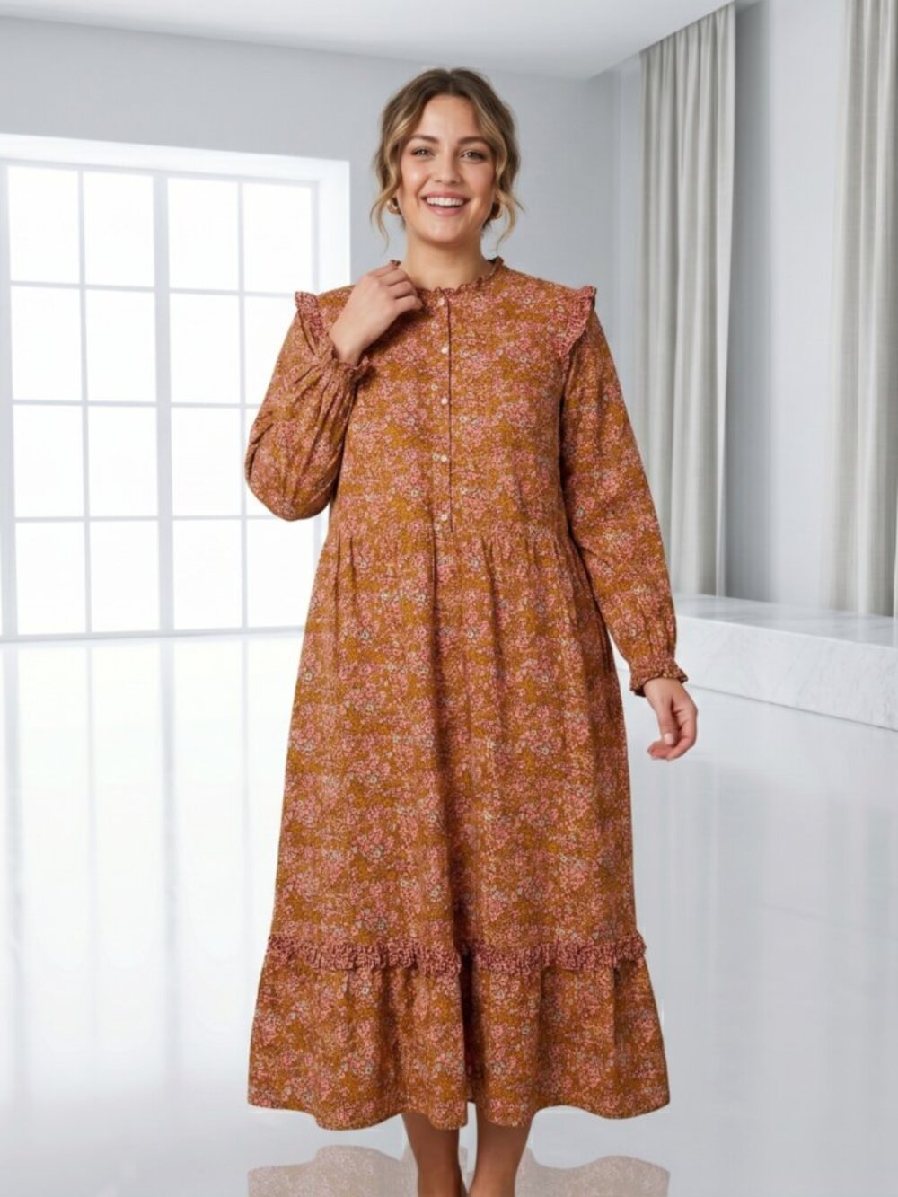Universal Thread Ditsy Floral Ruffle Prairie Midi Dress Boho Cottagecore Large